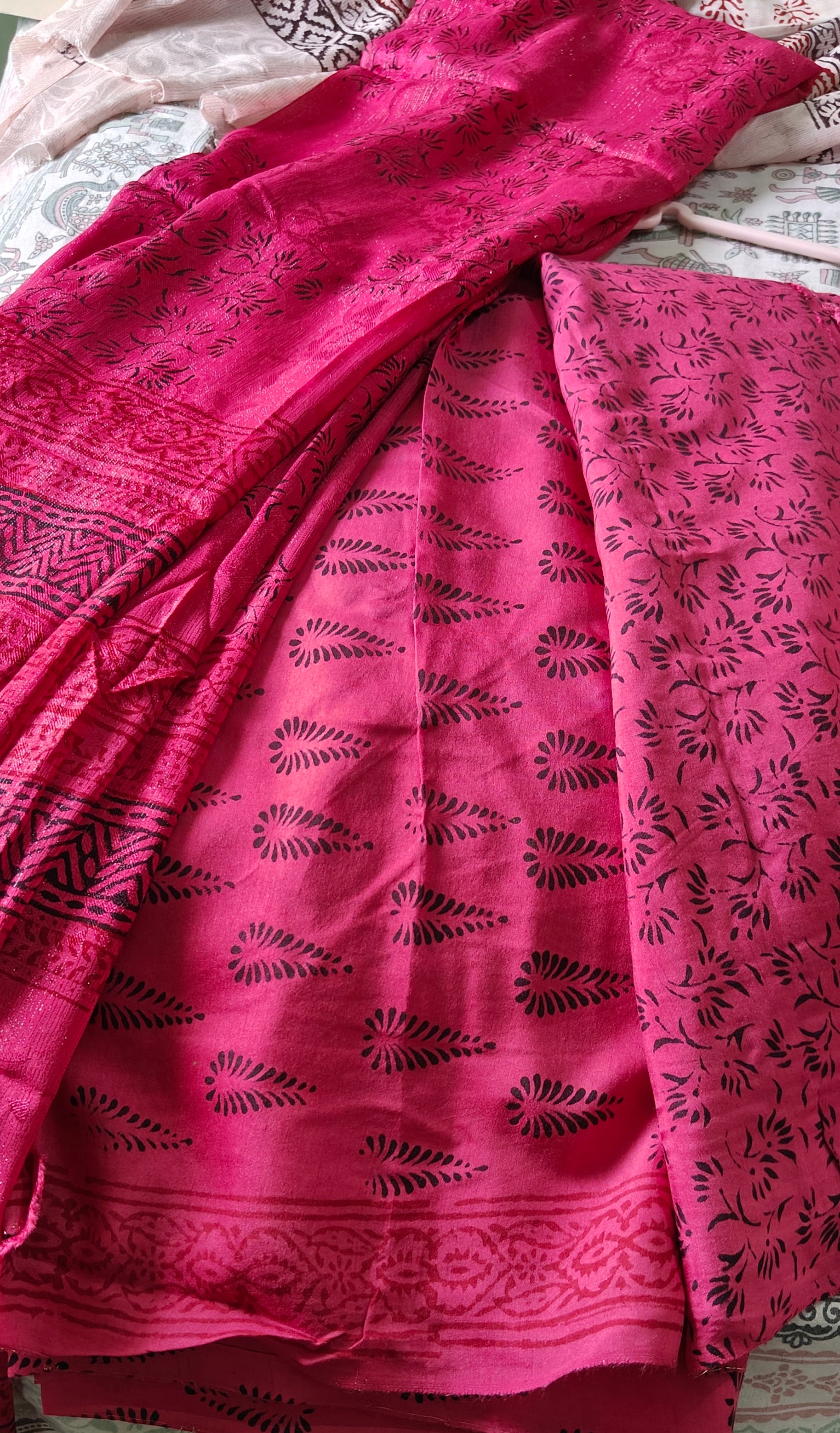 Authentic Dhar Bagh block print on fine muslin unstitched suit with a coordinating chiffon dupatta.