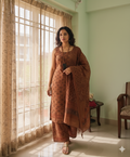 Mahogany pure cotton unstitched suit featuring authentic handmade Bagh block print motifs