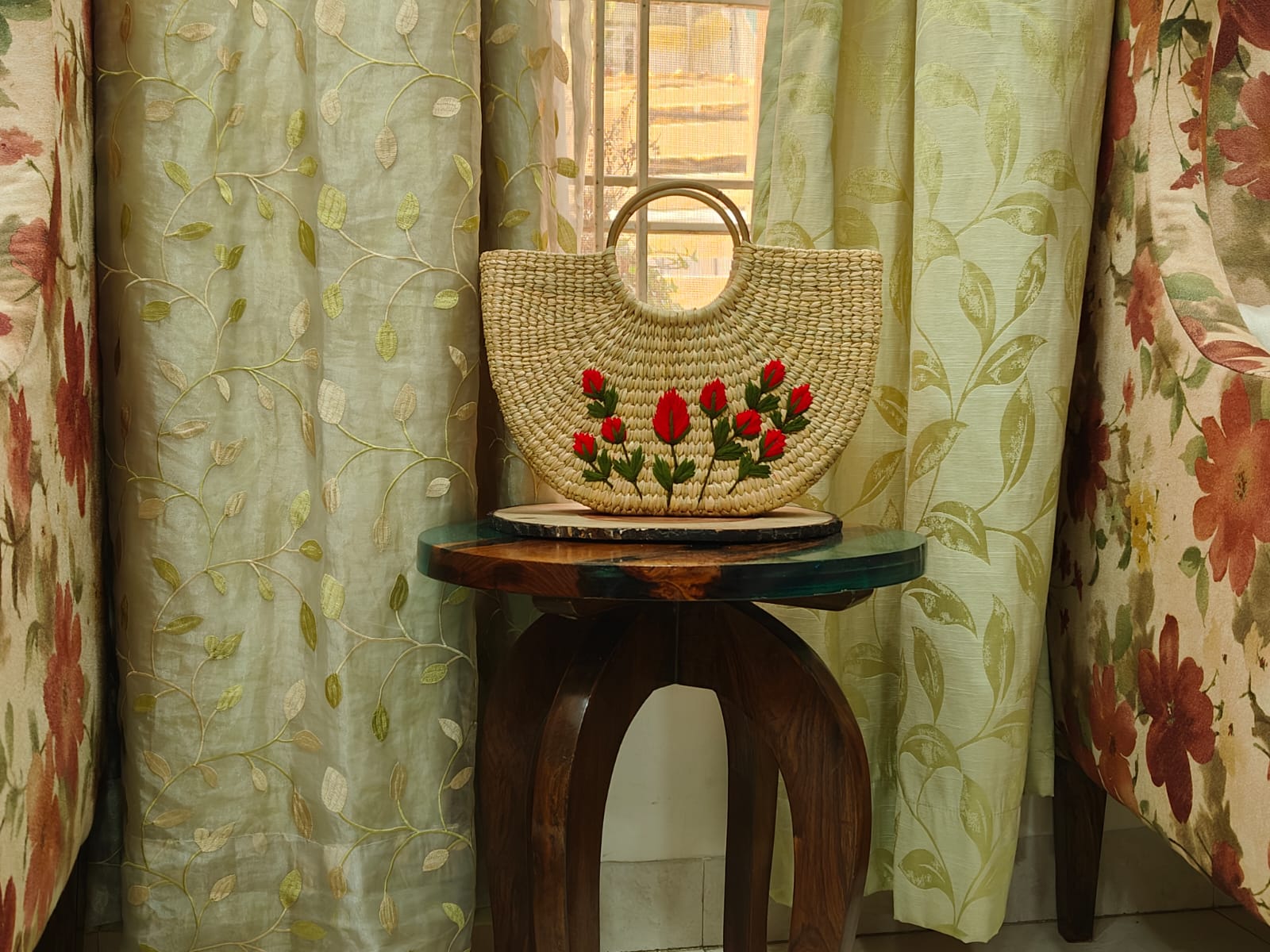 Crimson Bloom Artisan Half-Moon Woven Straw Tote with Red Flowers