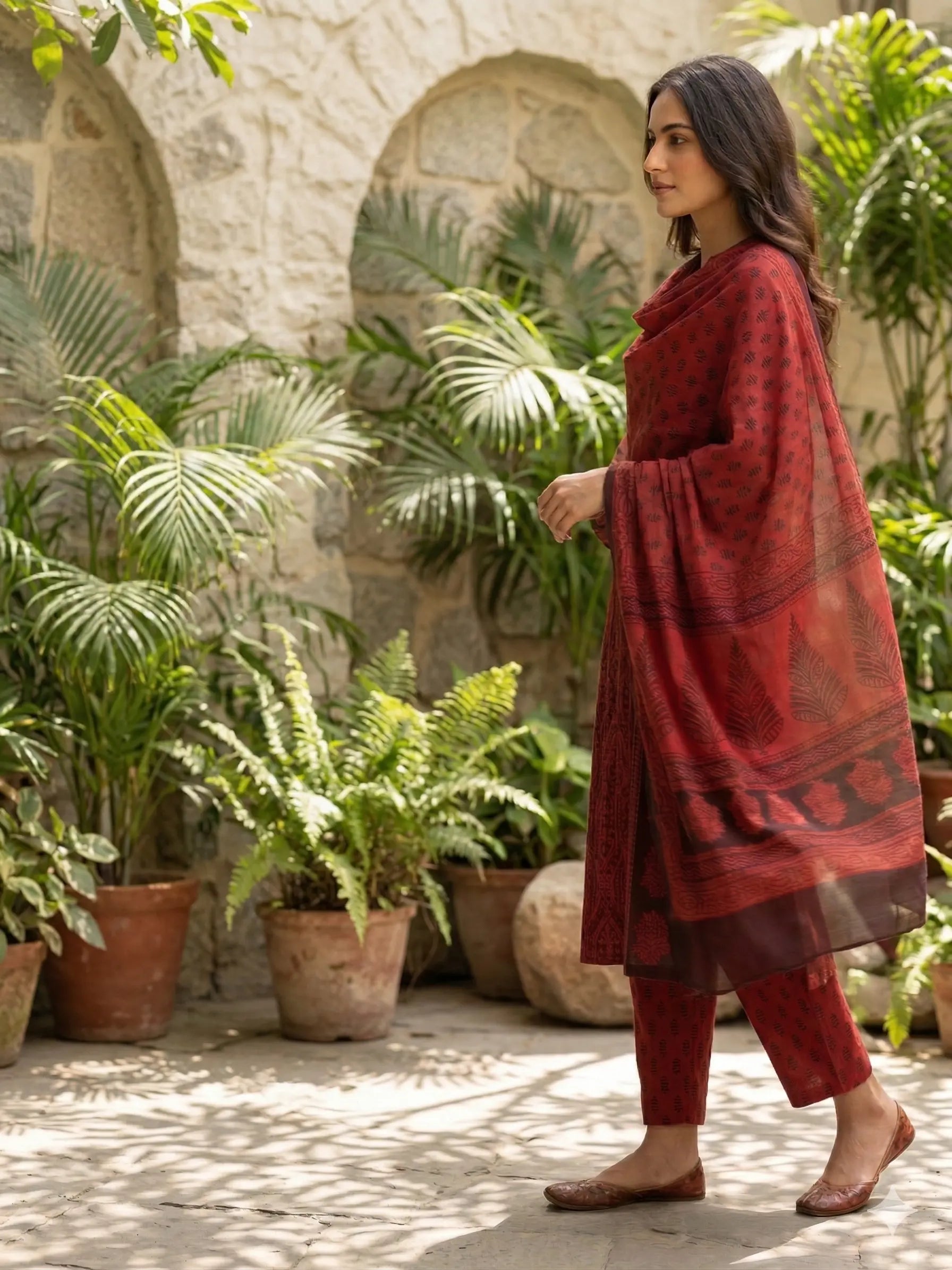 Handmade Bagh Block Print Pure Cotton Unstitched Salwar Suit(Black-Maroon)