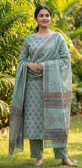 Authentic Dhar Bagh black block print on fine sage green muslin unstitched suit with a coordinating chiffon dupatta.