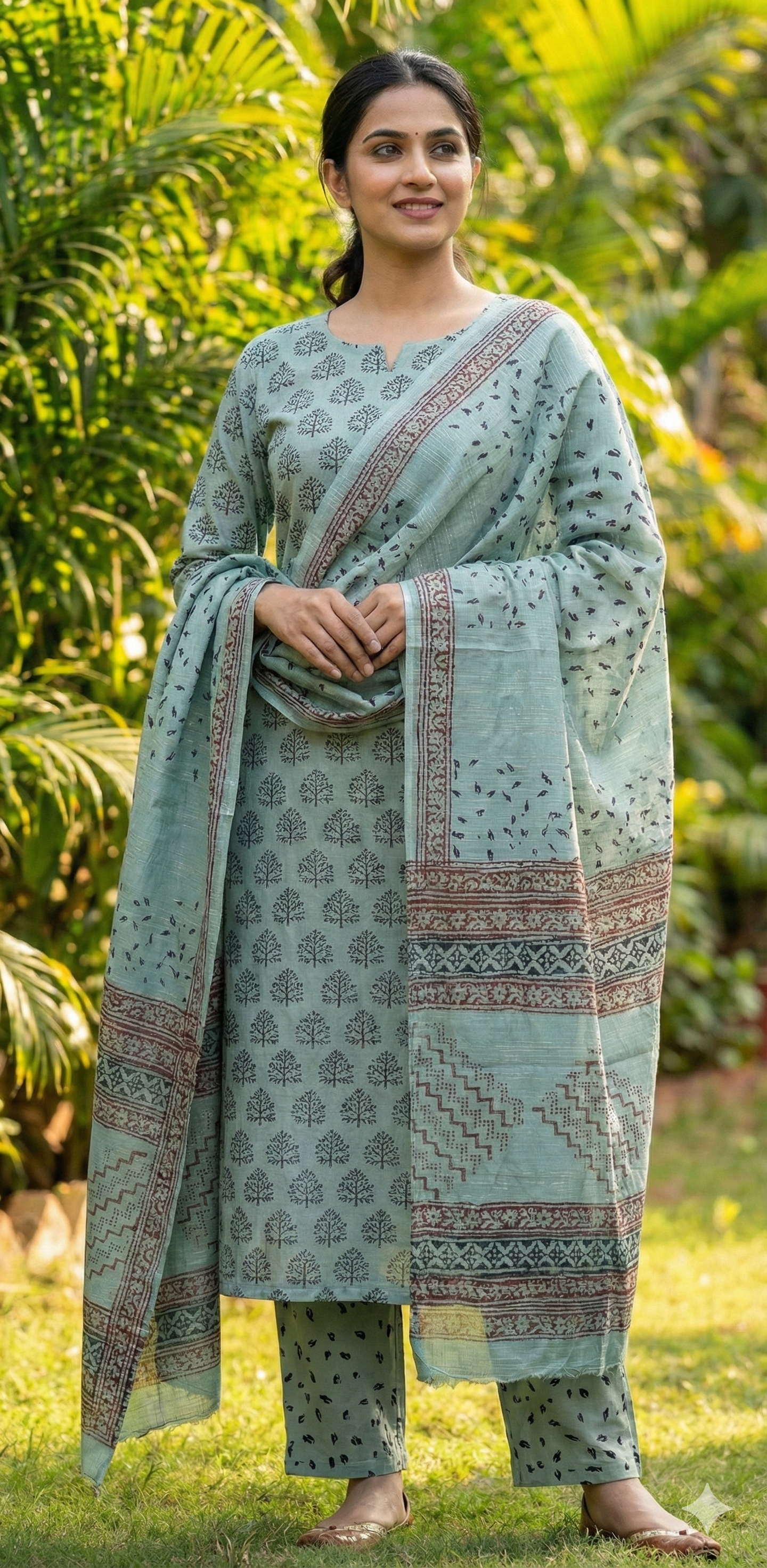 Authentic Dhar Bagh black block print on fine sage green muslin unstitched suit with a coordinating chiffon dupatta.
