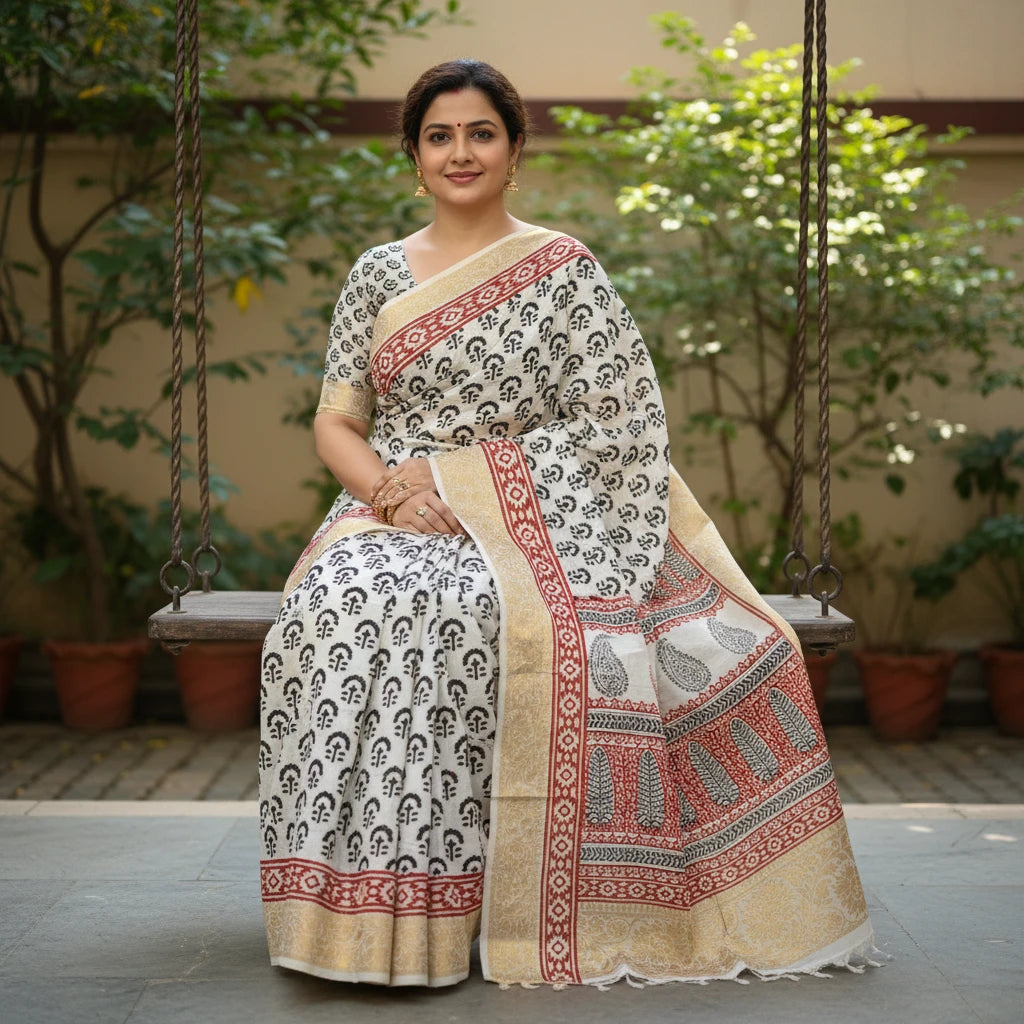 Bagh Print Dola Silk Saree (White)