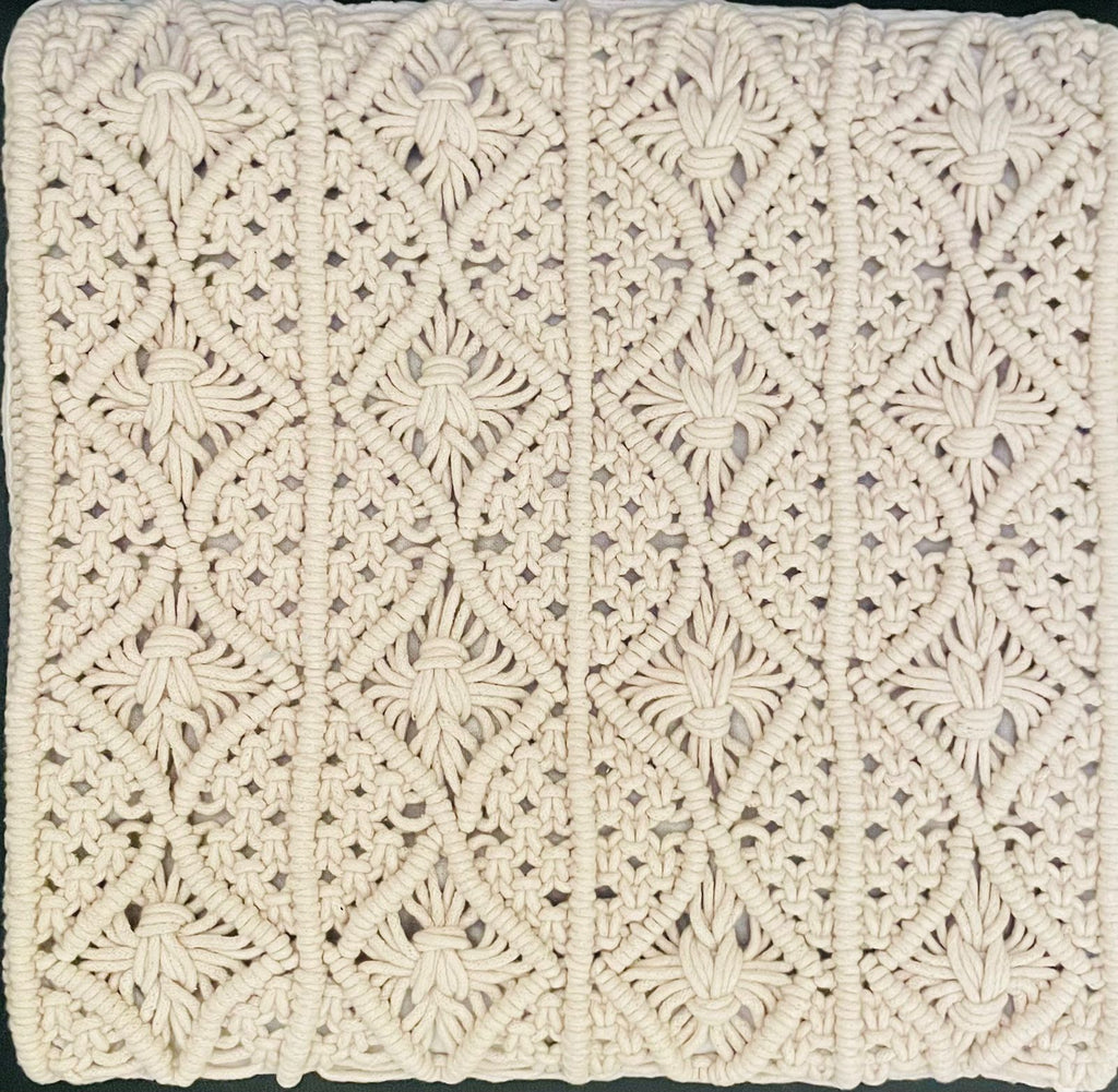 Square macrame cushion cover with intricate diamond knots , perfect for bohemian living room sofa styling