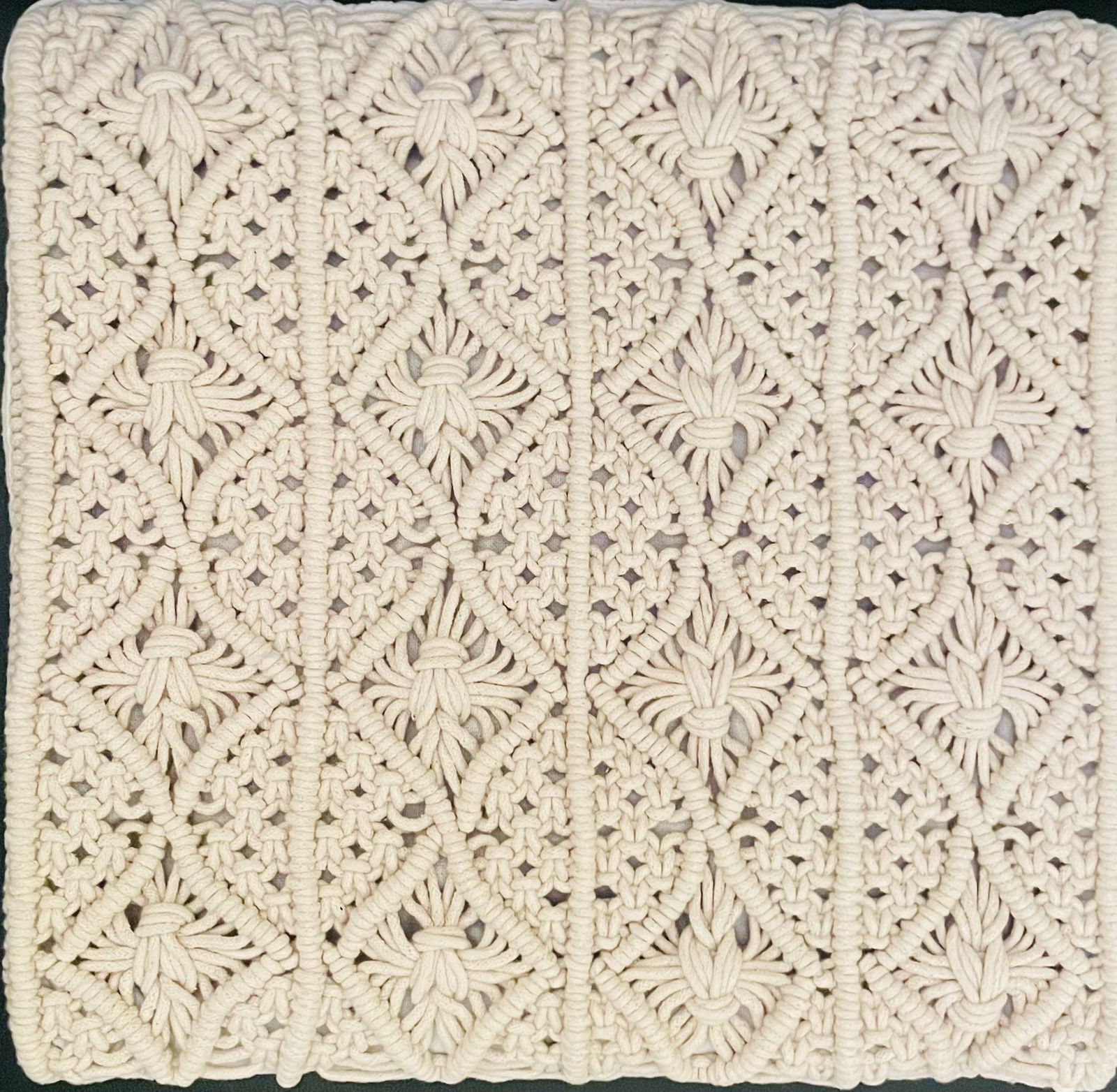 Square macrame cushion cover with intricate diamond knots , perfect for bohemian living room sofa styling