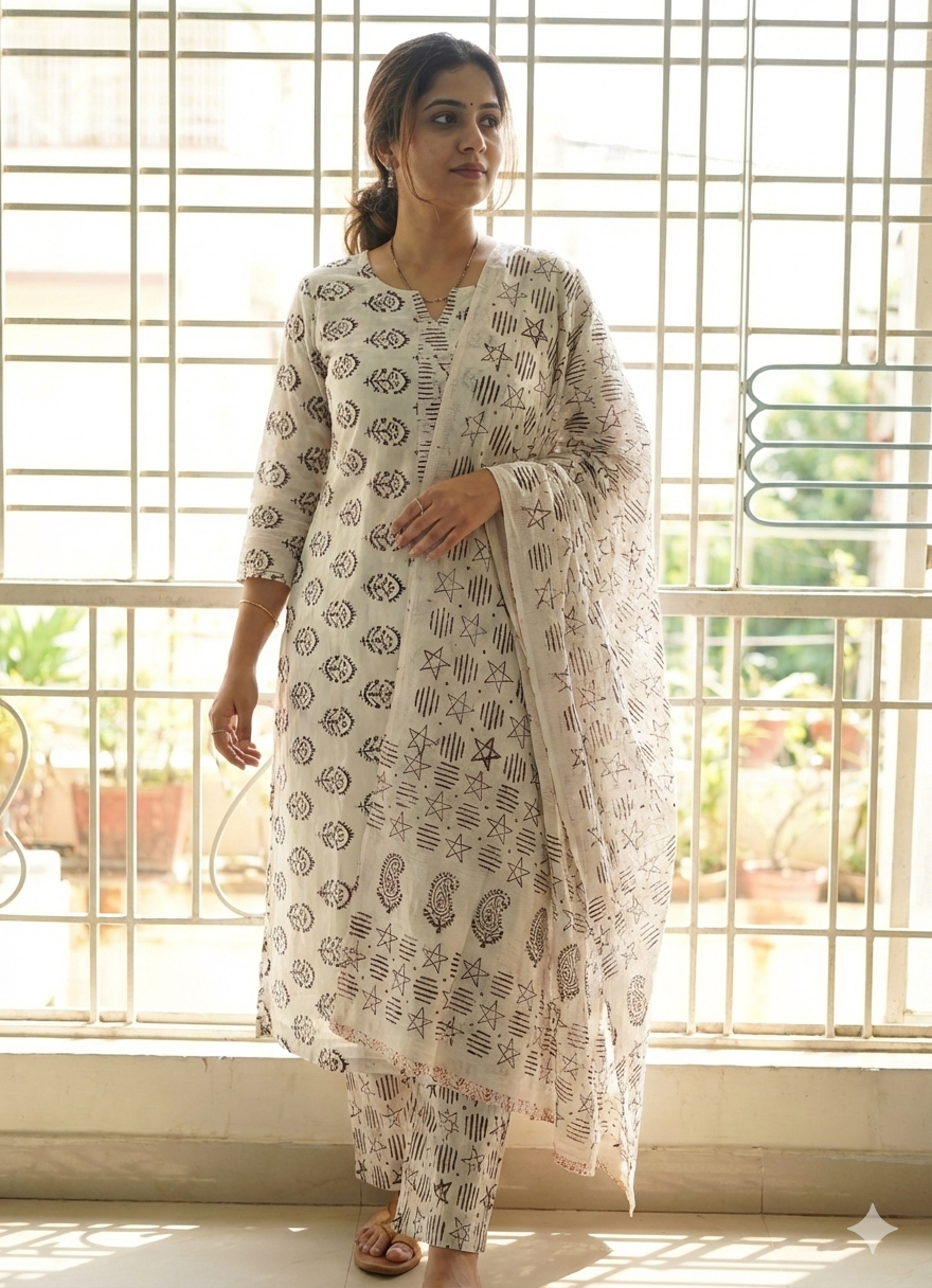 Authentic Dhar Bagh black block print on fine white muslin unstitched suit with a coordinating chiffon dupatta.