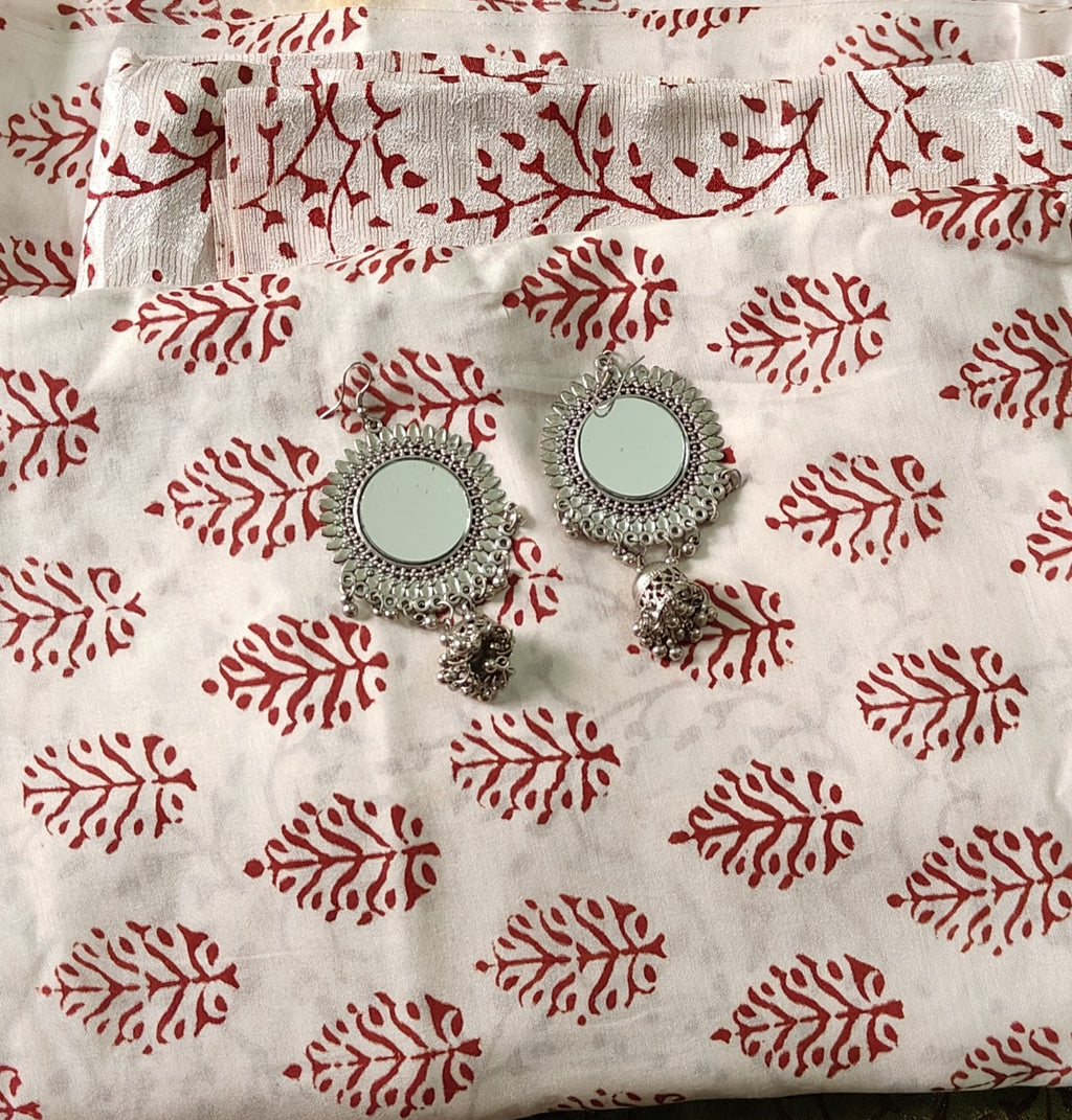 Authentic Dhar Bagh maroon block print on fine white muslin unstitched suit with a coordinating chiffon