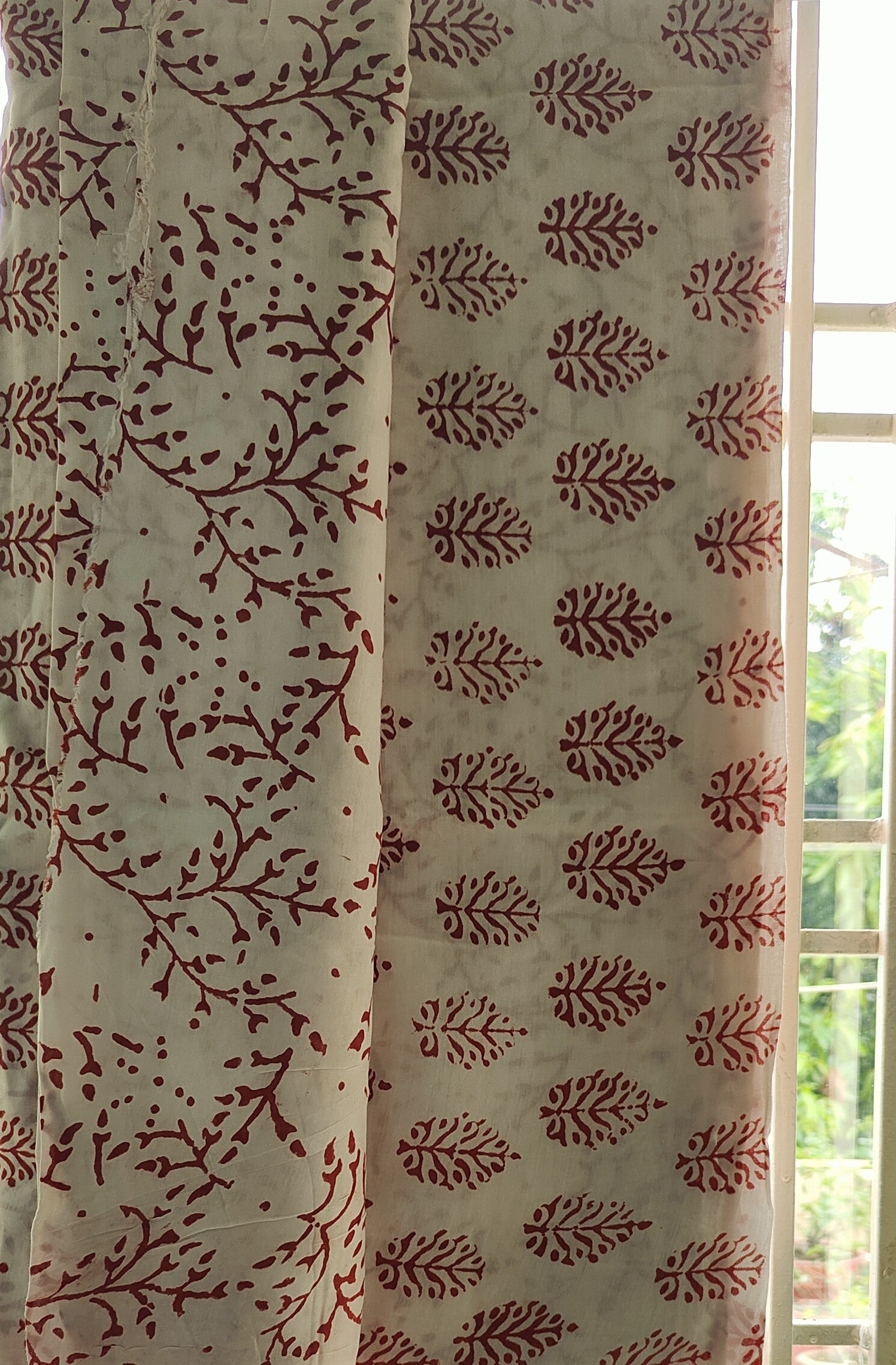 Authentic Dhar Bagh maroon block print on fine white muslin unstitched suit with a coordinating chiffon dupatta