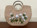 White Daisy Drift Bohemian Woven Straw Handbag with Circular Handles