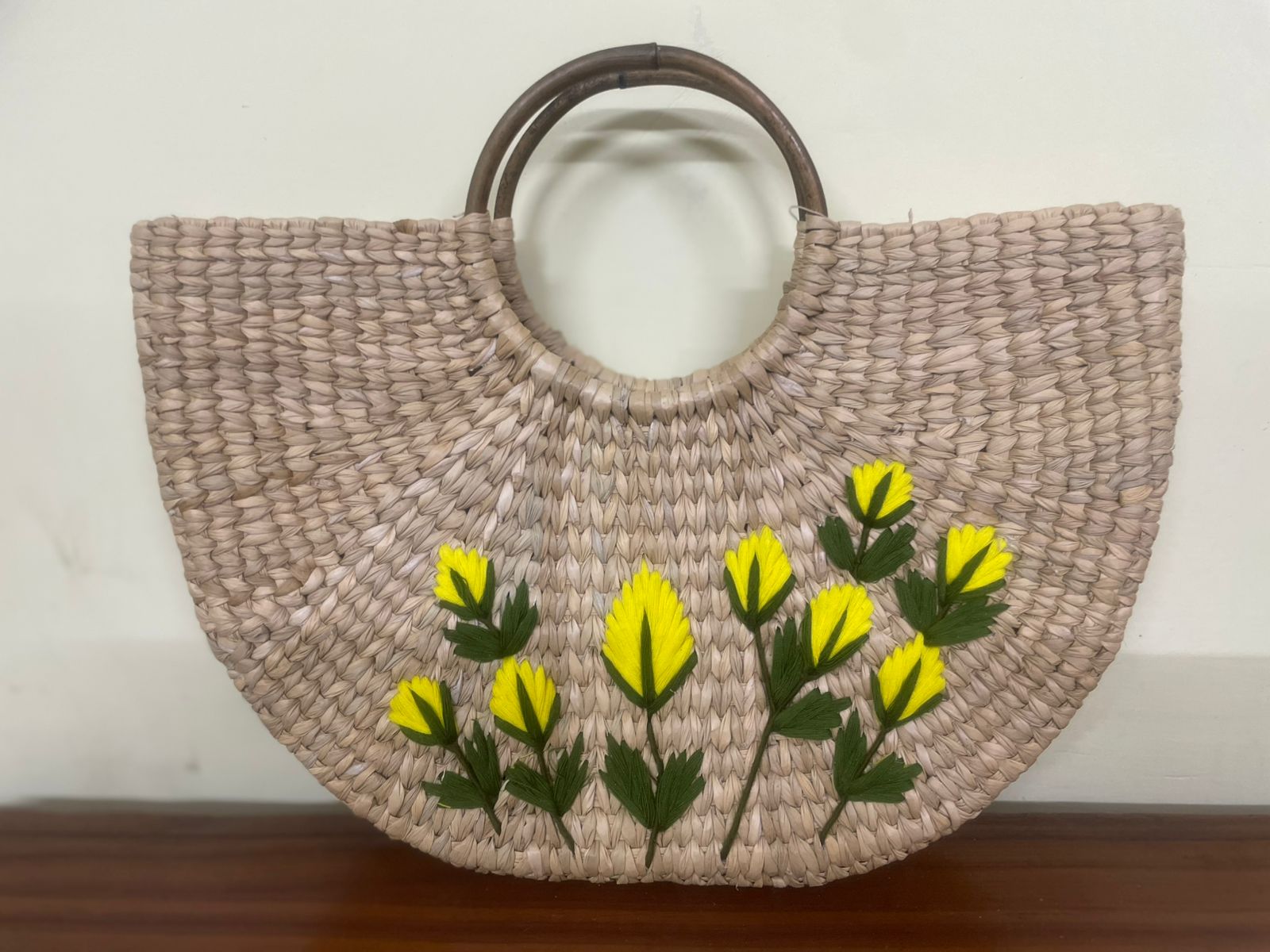 Sun-Kissed Marigold Handwoven Crescent Straw Bag with Yellow Floral Embroidery