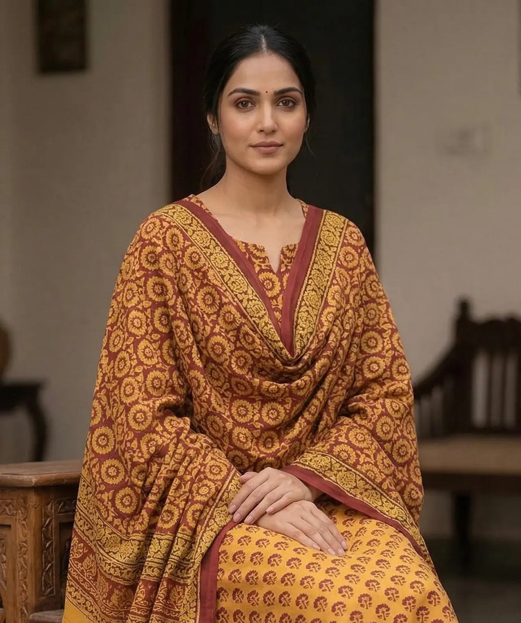 Handmade Bagh Block Print Pure Cotton Unstitched Salwar Suit(Yellow-Circle)