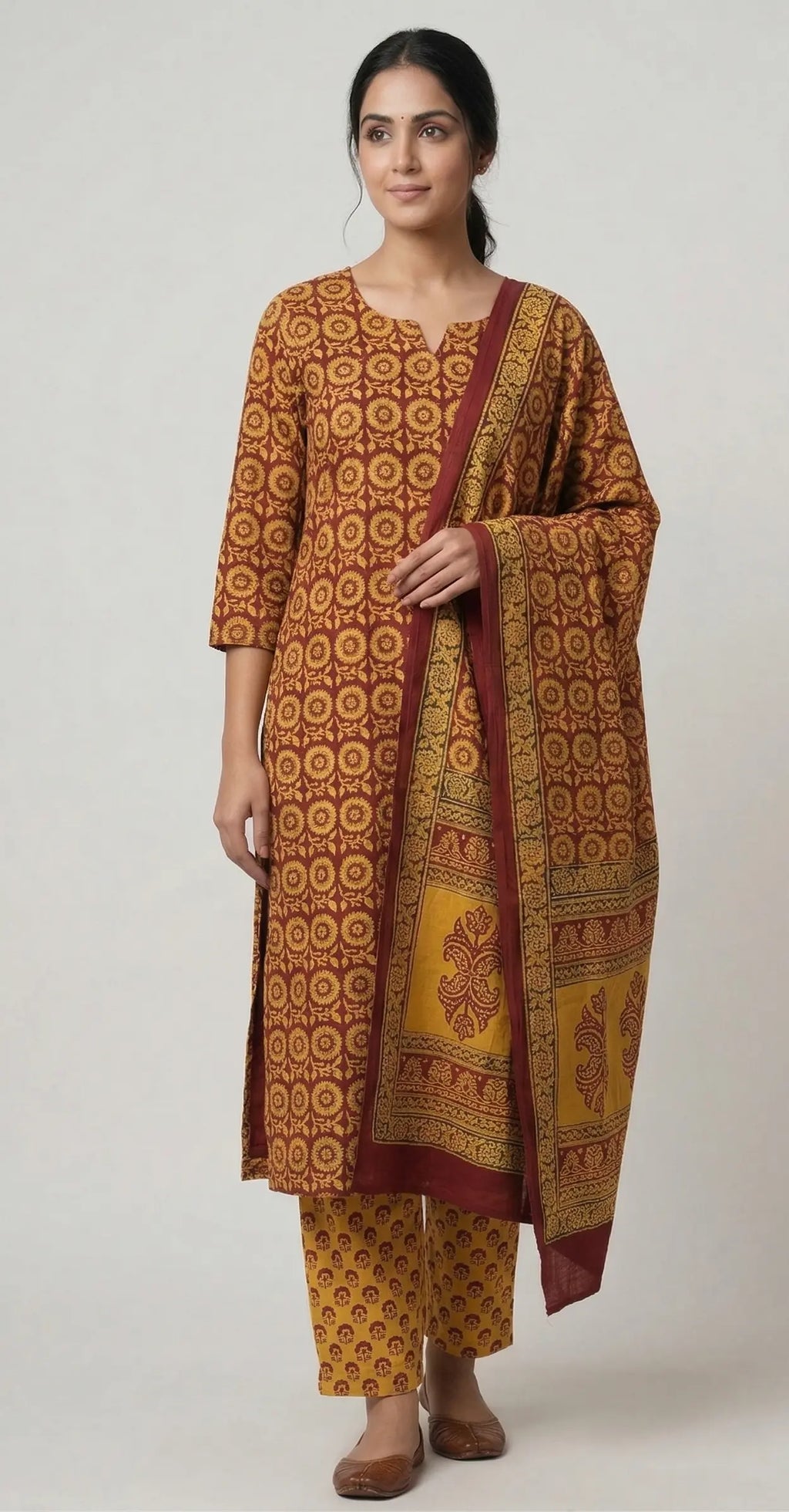 Handmade Bagh Block Print Pure Cotton Unstitched Salwar Suit(Yellow-Circle)