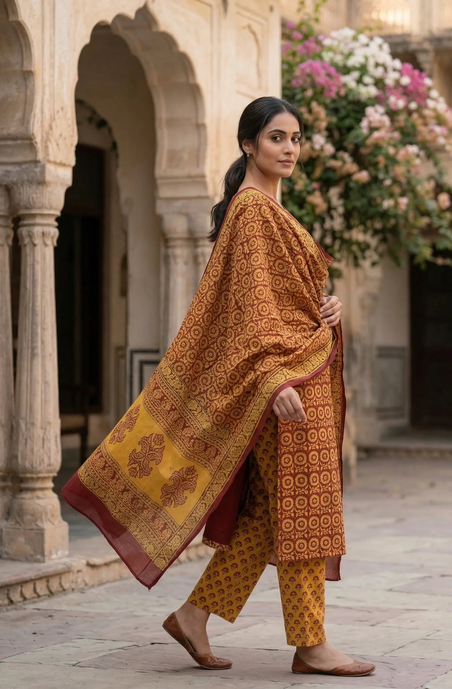 Handmade Bagh Block Print Pure Cotton Unstitched Salwar Suit(Yellow-Circle)